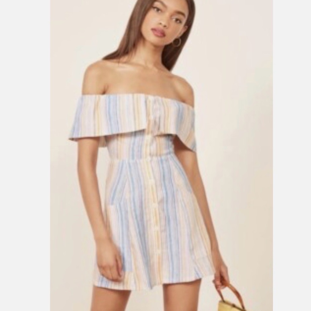 Reformation Landy Linen Marbella Striped Off Shoulder Mini Dress